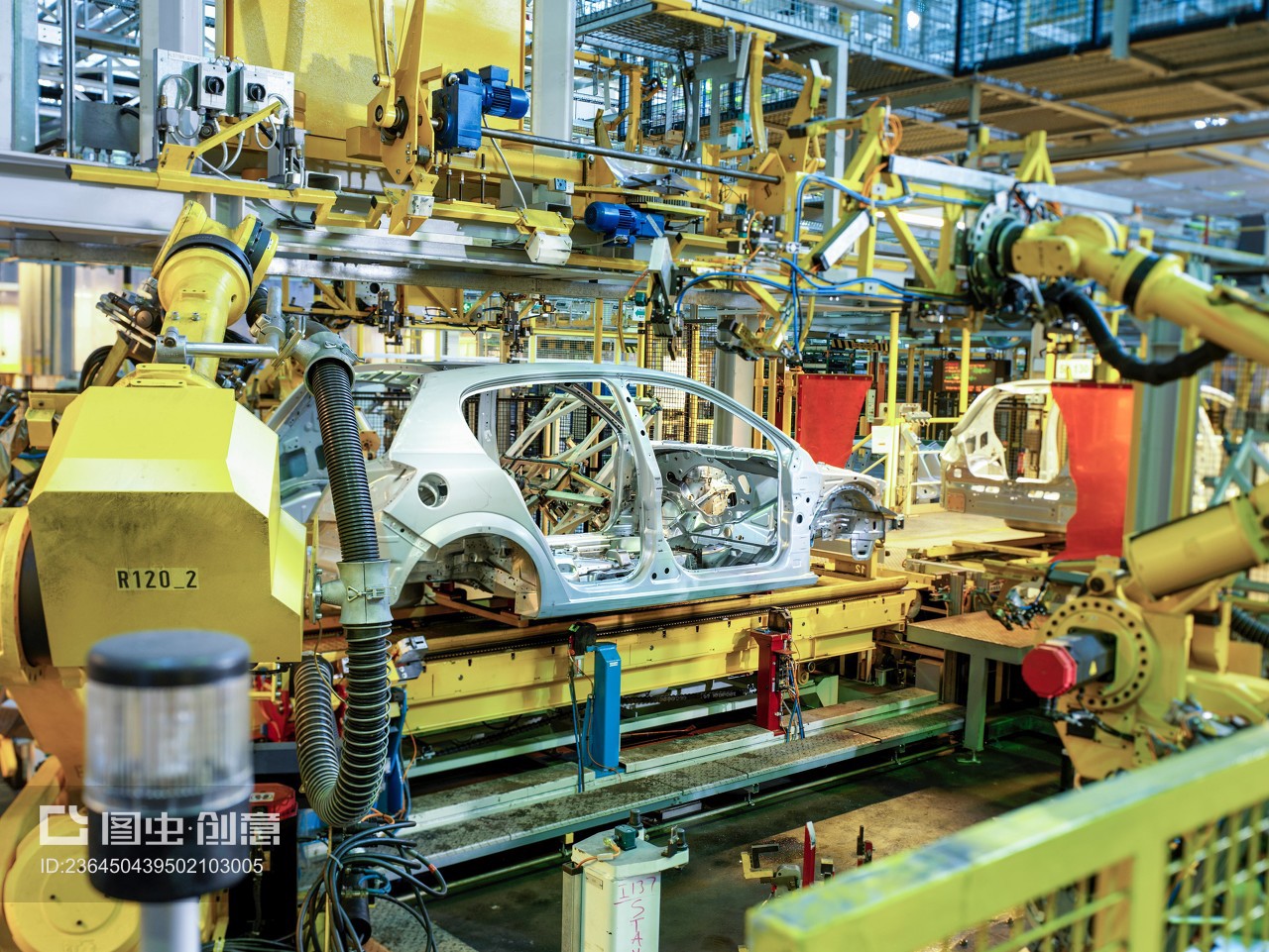 Car bodies on production line in car factory